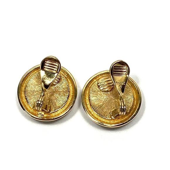 MONET Clip Ons Clips Earrings Black Acrylic Gold Tone Circles Vintage Signed - Picture 4 of 10